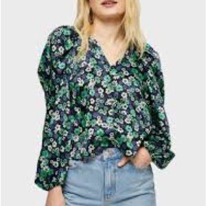 Floral V-Neck Peasant Blouse - Green Floral